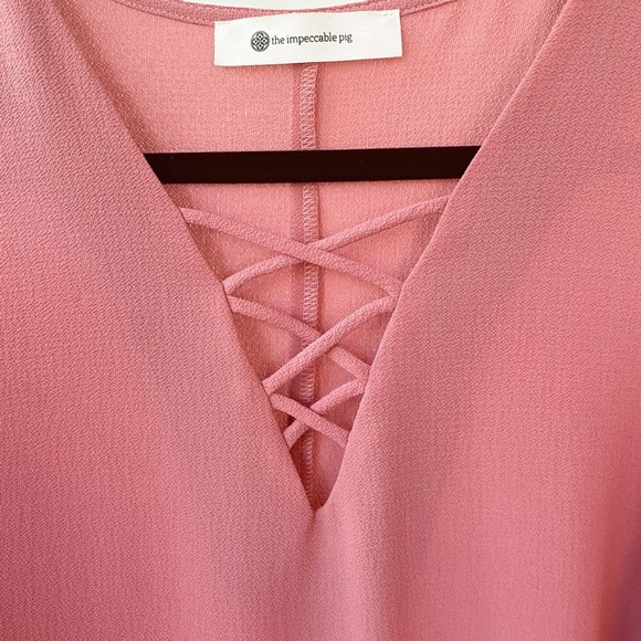 THE IMPECCABLE PIG Women's Dusty Pink Crepe Long Sleeve Caged V-Neck Blouse sz S - Picture 4 of 7